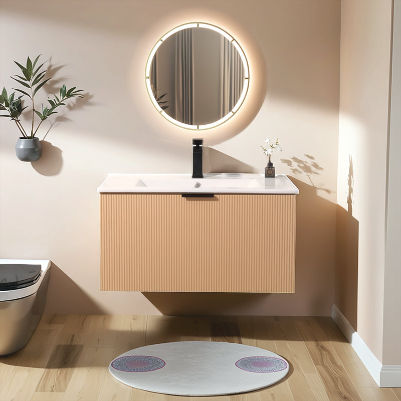 30" Brown Wall Mounted Single Bathroom Vanity With Ceramic Top, Yellow