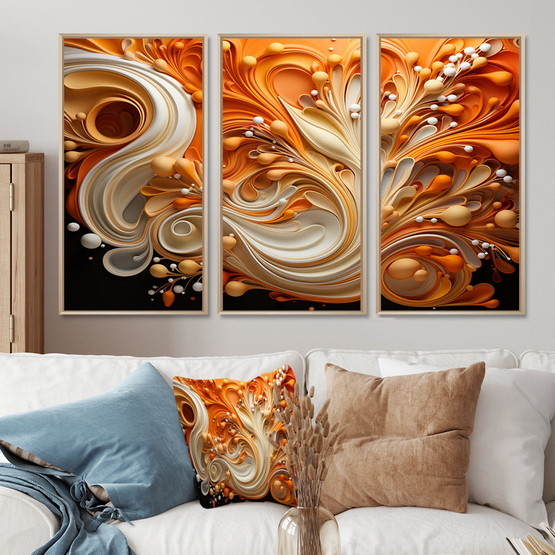 Abstrait café, flammes fluides - formes abstraites, ensemble d'art sur toile, H 28 po x l 36 po, Cadre flottant en érable
