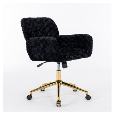  Office Chair, Artificial Rabbit Hair Home Office Chair with Golden Metal Base, Adjustable Desk Chair Swivel Office Chair, Vanity Chair, Black