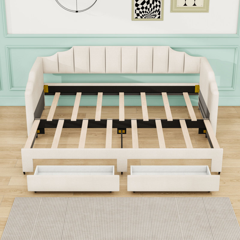 Twin XL to King Upholstered Daybed with Two Storage Drawers, LED Light and Trundle, Beige