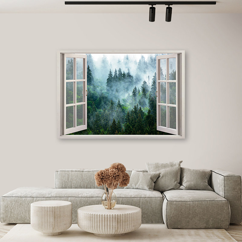 Window View Of A Forest In The Fog - Wrapped Canvas Print