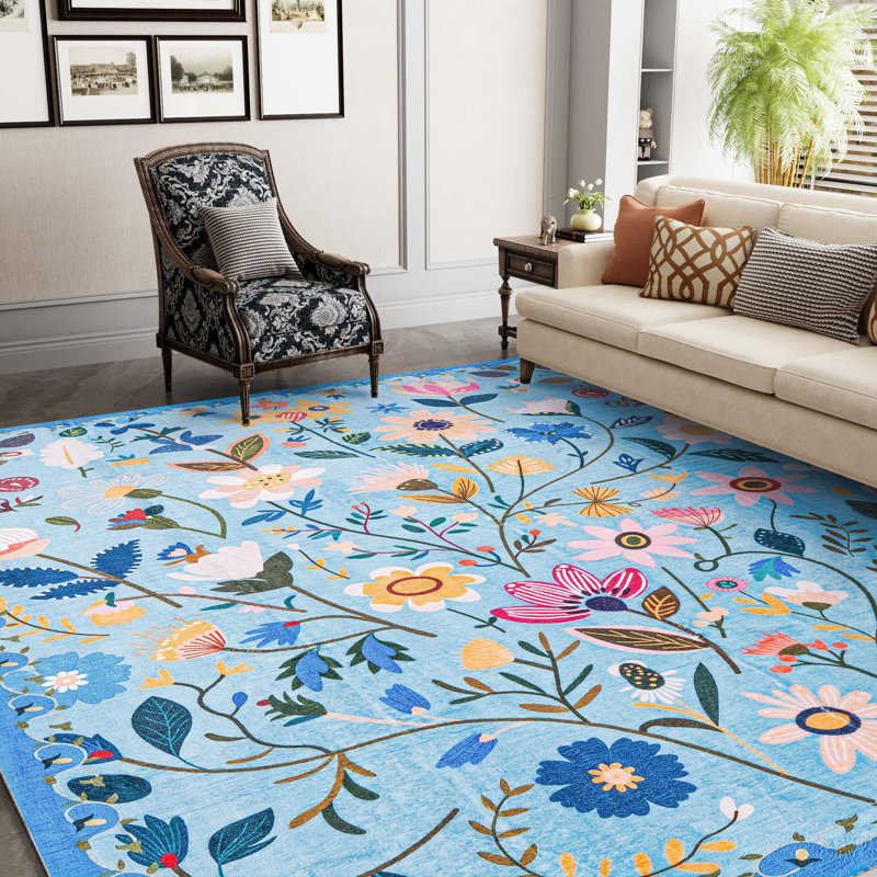 Nature Voja Floral Non-Slip Machine Washable Colorful Modern Area Rug in Blue for Living Room, Bedroom, Hallway Runner, Entryway Rugs