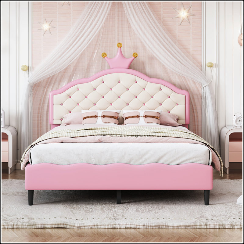 Full Size Lovely Crown Fantasy PU Leather Princess Bed With Tufted Headboard, Pink And Cream, Full