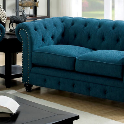 Contemporary 1pc Loveseat Button Tufted Couch Rolled Arms Nailhead Trim Leatherette