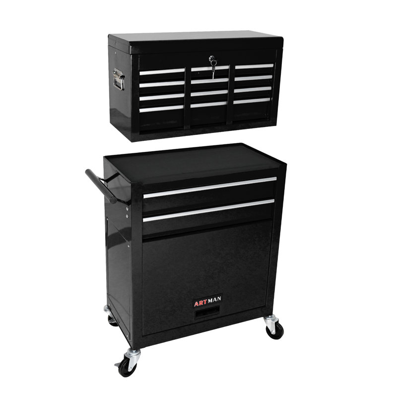 Armoire à outils à 8 tiroirs avec coffre supérieur à roulettes, rangement de garage en acier robuste sur roulettes, Noir