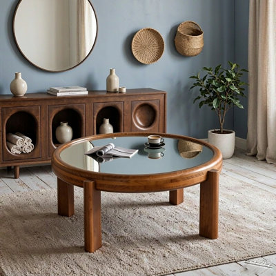 Table basse ronde de 89 cm (35 po) avec plateau miroir, style milieu du siècle, en bois massif avec pieds épais, bois naturel