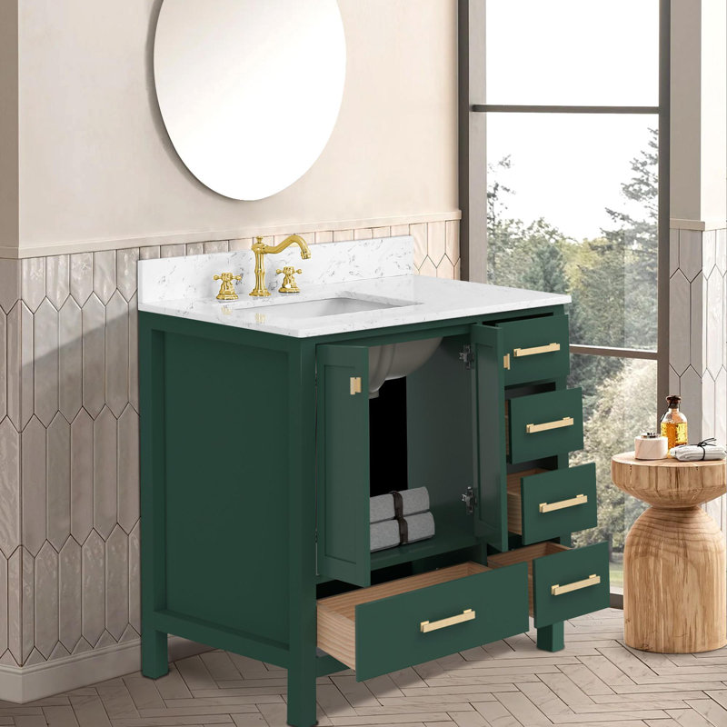 Freestanding Vanity with Soft-Close Storage, Green, Gold, 36"