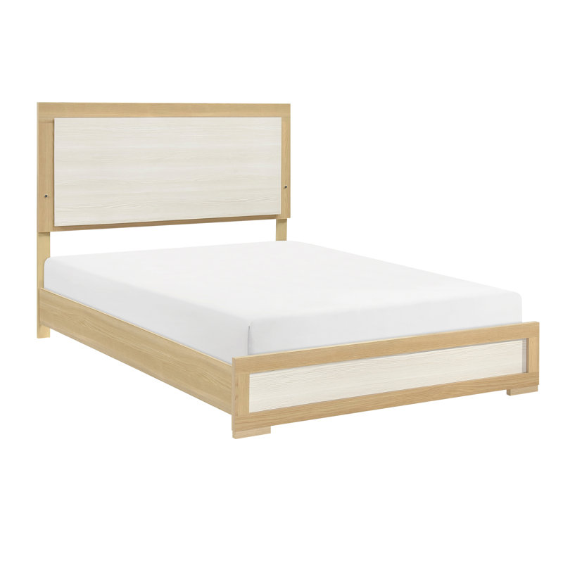 Grand lit avec tête de lit à panneau contemporaine, couleur naturelle et blanche, planche de bois, stratifié, mobilier de chambre à coucher, pièce essentielle de sommier en bois,