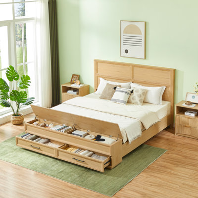 Très grand lit avec tête de lit géométrique 3D et banc de rangement - rangement à 4 tiroirs, mobilier de chambre moderne, chêne.