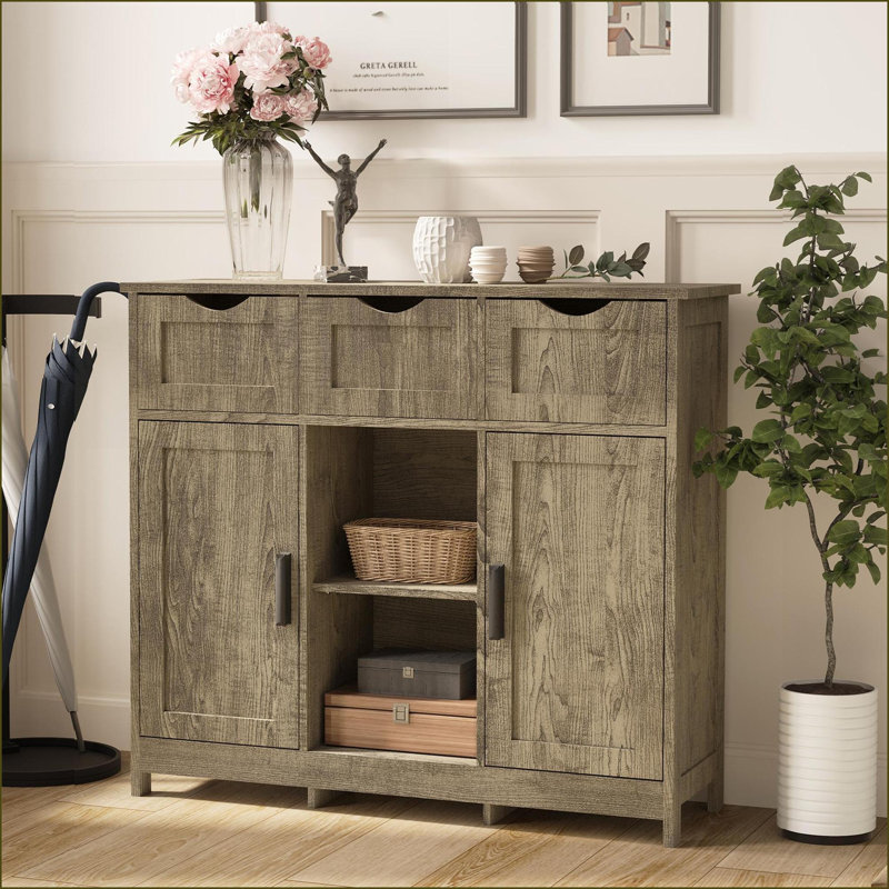 Cabinets, Engineered Wood Storage Cabinet with 3 Drawers, 2 Doors, Adjustable Shelves | Black | Traditional | Living Room