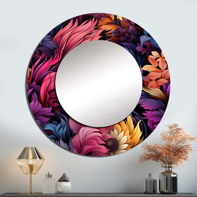 Sadia Boho Pink And Blue Feather Fusion - Floral Wall Mirror, Pink Round Decorative Mirror, Printed Metal Art, 29" x 29"