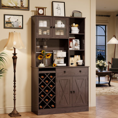 71-Inch Kitchen Hutch Cabinet with Storage, White & Light Walnut Top, Acrylic Double Doors