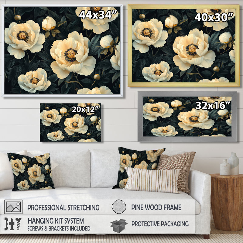 Isamary, noir et beige, pivoines de minuit II - pivoines, art mural, H 30 po x l 40 po, Impression encadrée flottante