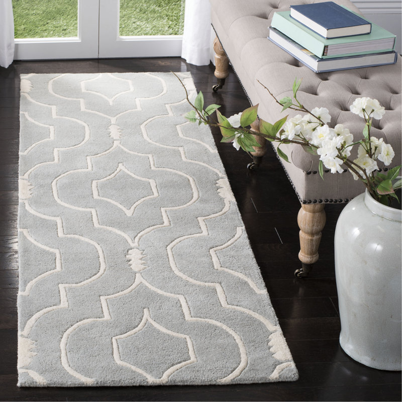 Tapis gris / ivoire en laine touffeté à la main Carolene, Tapis de couloir 2 pi 3 po x 9 pi