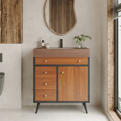 Meuble-lavabo sur pied de 29,9 po avec lavabo en céramique, plateau en pierre frittée, 1 porte à fermeture douce, 3 tiroirs, facile à installer et facile à installer