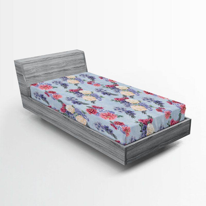 Drap-housse rustique Ambesonne, Twin Fitted Sheet, Bleu ciel foncé, bleu sarcelle pâle / floral