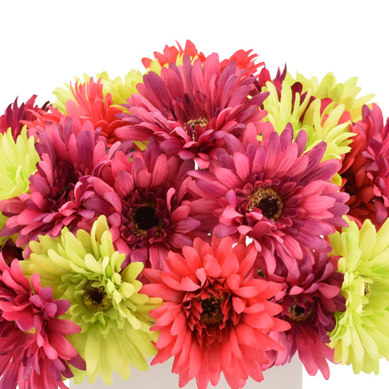 Arrangement de marguerites dans un pot blanc, Rose / Jaune