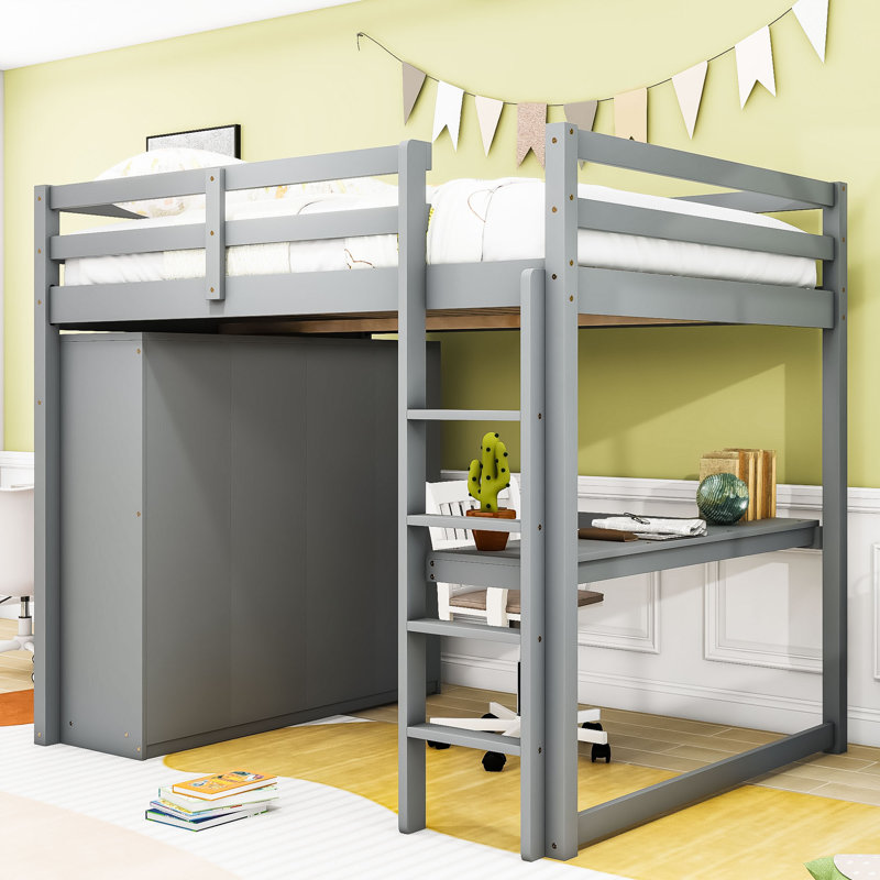 Lit mezzanine double en bois avec bureau intégré, tablettes de rangement, tiroirs et garde-robe, Gris