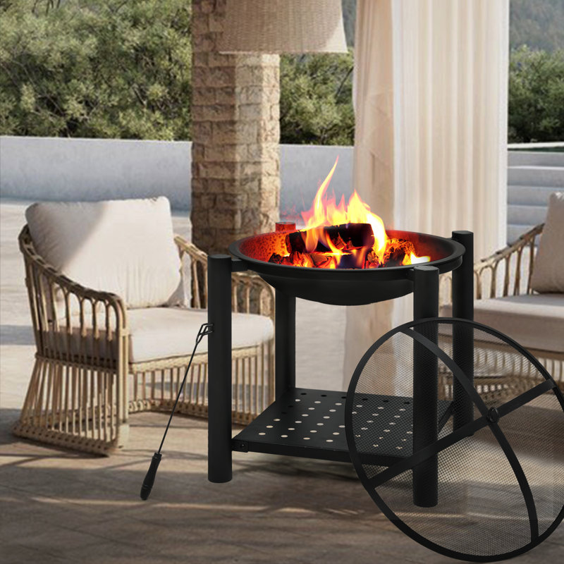 20.5" Black Wood Burning Square Fire Pit with Shelf