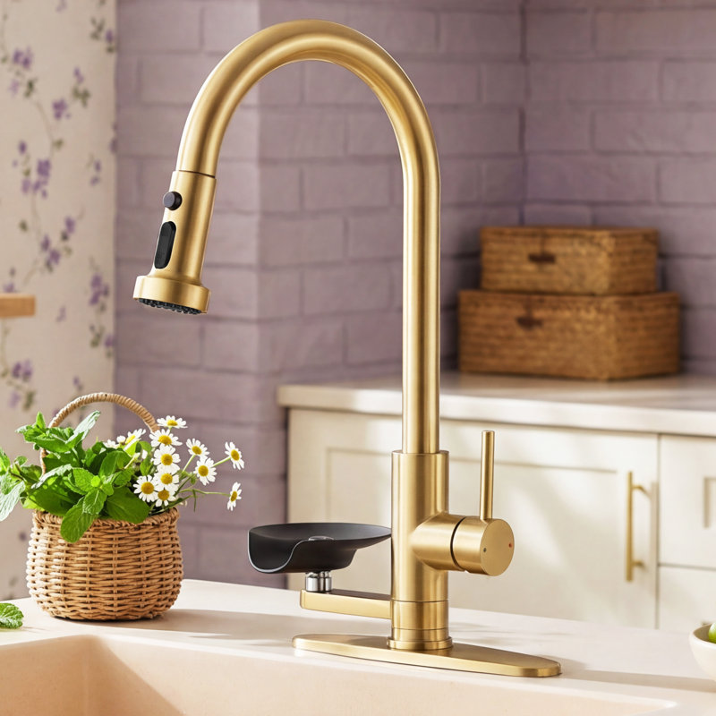 3-In-1 Kitchen Faucet With Press-Type Glass Rinser, High-Arc Pull-Down Sprayer, Single-Handle Deck Mount, Brushed Gold