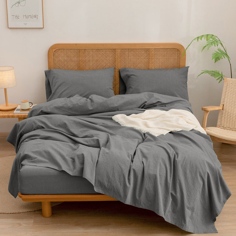 BESTOUCH Sheet Set 100% Washed Cotton Linen Feel Lightweight, Dark Gray, King Sheet Set with 2 Pillowcases