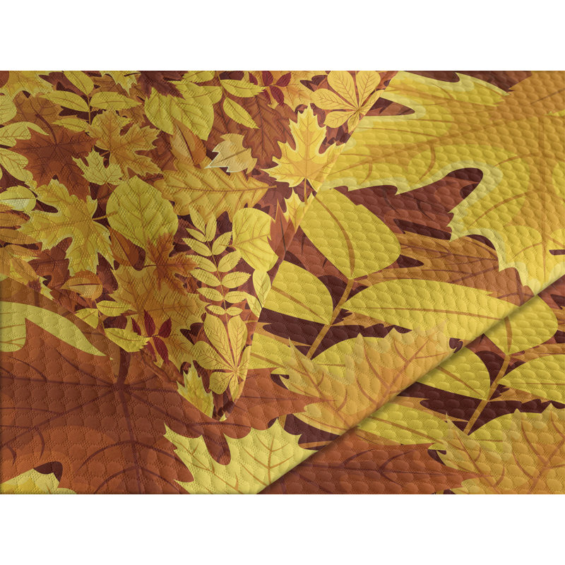 Queen White Quilted Bedspread Set with Fall Leaf Pattern