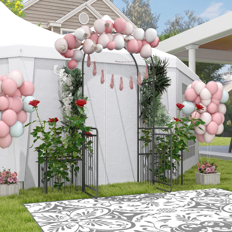 86" Garden Arch Arbor, Metal Arch Trellis with Gate and Planter Baskets, Garden Archway for Climbing Vines, Wedding Ceremony Decoration, Flourishes & Arrow Tips, Black