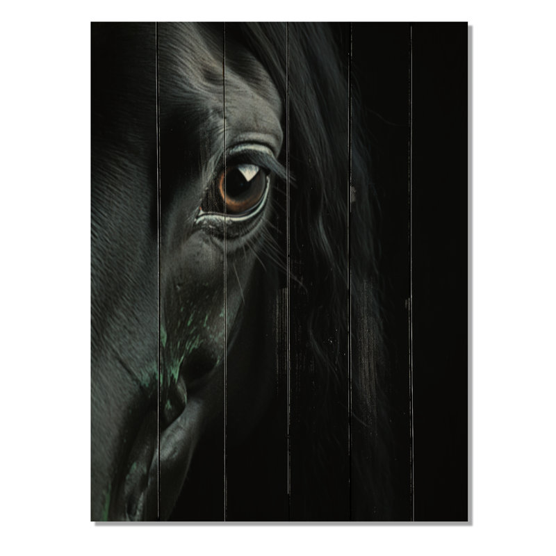 Cheval noir noir avec ombres mystérieuses sur bois, H 40 po x l 30 po x P 0,78 po