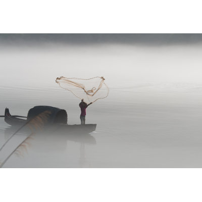 Duell Fisherman Casting Net On River - Wrapped Canvas Print