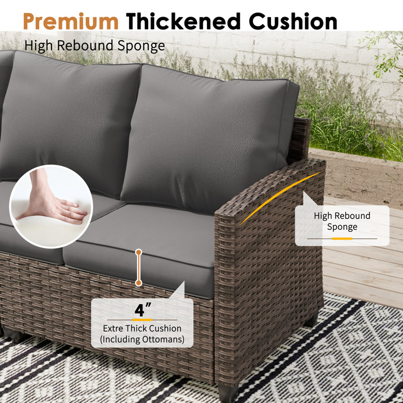 3-Person Patio Sofa With 2 Ottomans, Brown, Gray