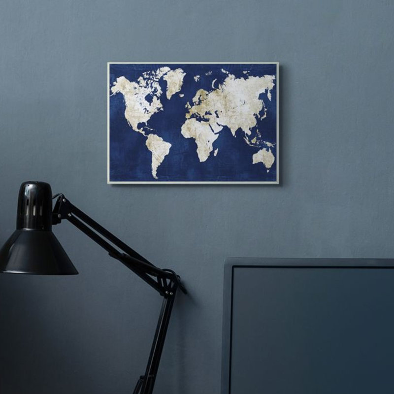 Carte du monde marine et or délavé par Alicia Vidal - impression d'art graphique, H 15 po x l 10 po, Plaque murale