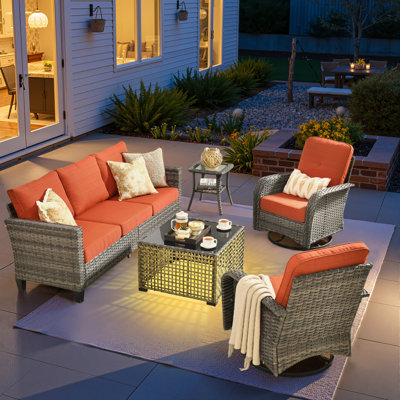 5 Piece Outdoor Wicker Swivel Rocking Chairs With Solar Powered Coffee Table, All Weather High Back Sofa Set, Patio Furniture Set With Cushions