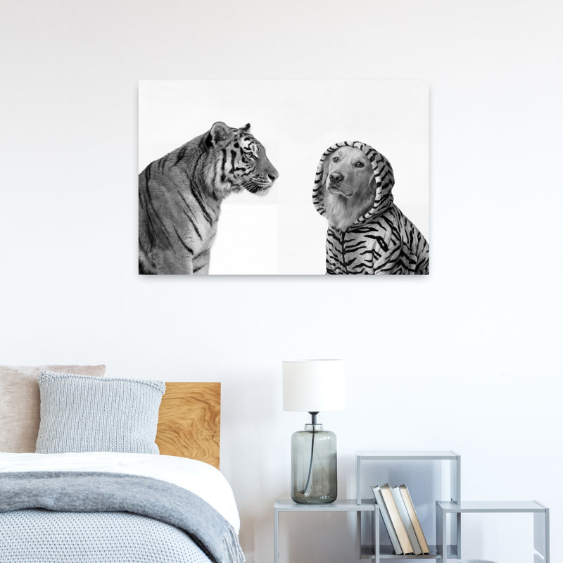 Tigre et chien costumé, art mural tigre contemporain, H 24 po x l 36 po