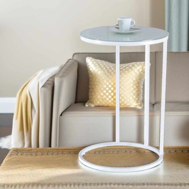 Round C Shaped Side Table with Metal Legs, End Sofa Tables, Living Room Furniture, White