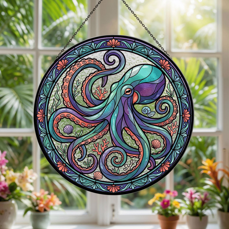 Panneau de vitrail Octopus Design H 12 po, H 12 po