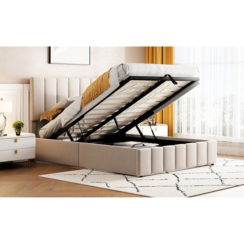 Lit de rangement double rembourré classique beige contemporain