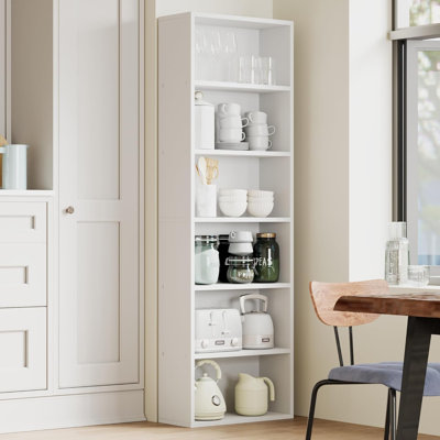 6-Tier Industrial Bookcase, Rustic Open Wood Shelves for Home Office, White