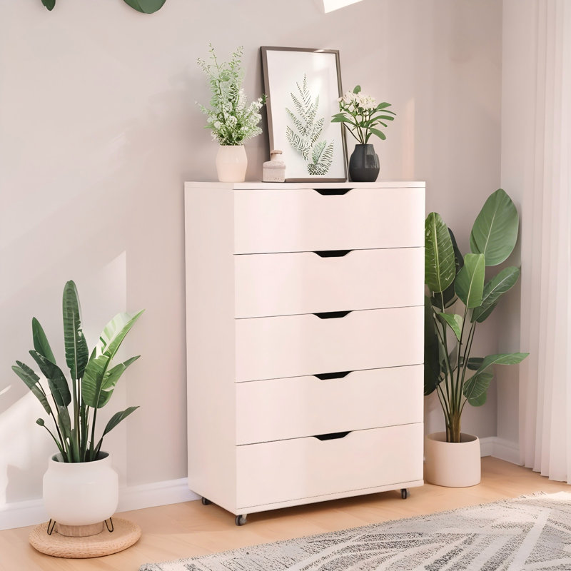 White 5-Drawer Dresser with Wheels, 29.5″ Wide, White
