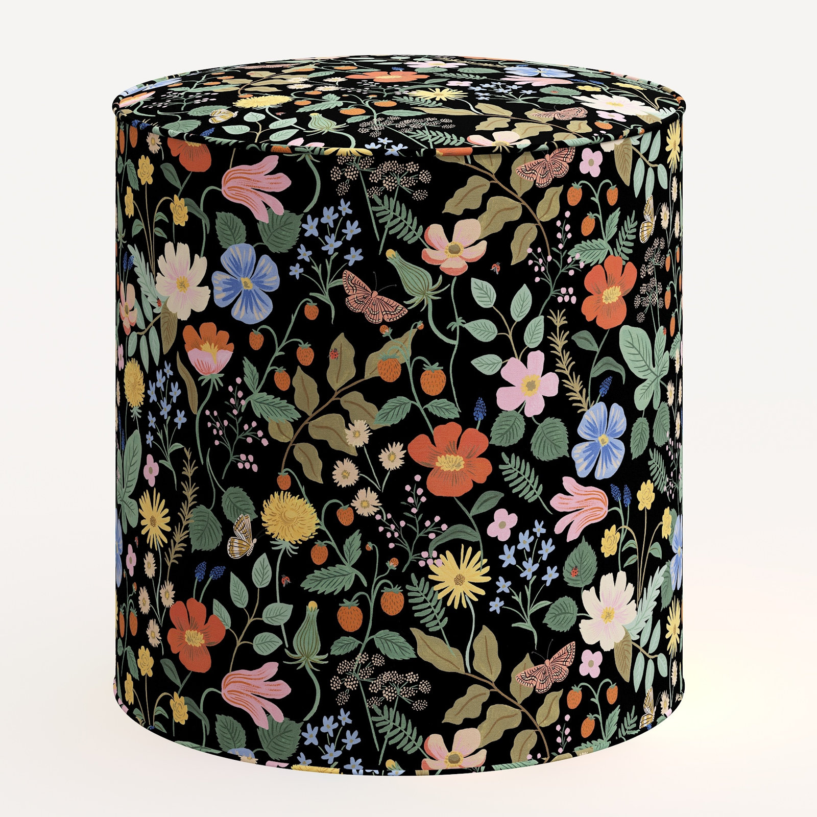 Rifle Paper Co. x Cloth & Company Billie Ottoman, Black Strawberry Fields Linen Blend