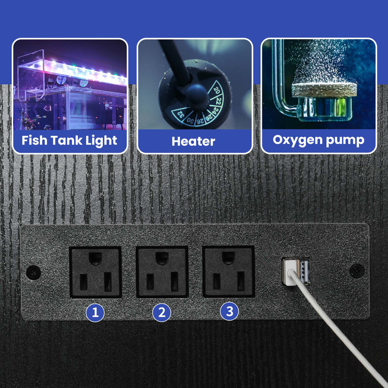 Black Heavy-Duty Metal Aquarium Stand with LED Light and Storage