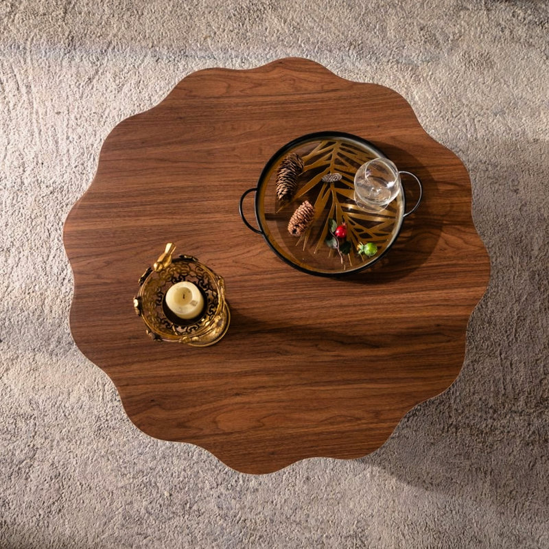 Table basse ronde 31,5 pouces en noyer avec grain de bois autocollant, idéale pour décorer un salon avec un bord festonné