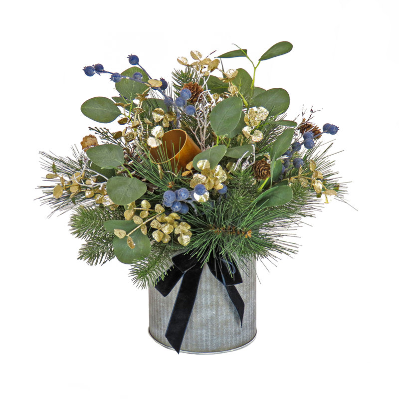 17" Blue and Gold Artificial Christmas Arrangement with Metal Pot