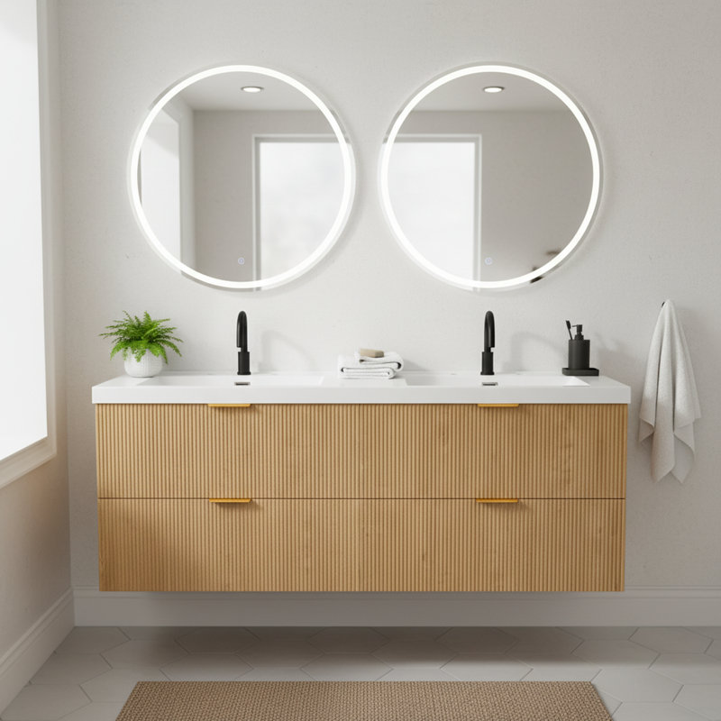 59" Wall-Mounted Double Bathroom Vanity with SMC Resin Top & Soft-Close Drawers