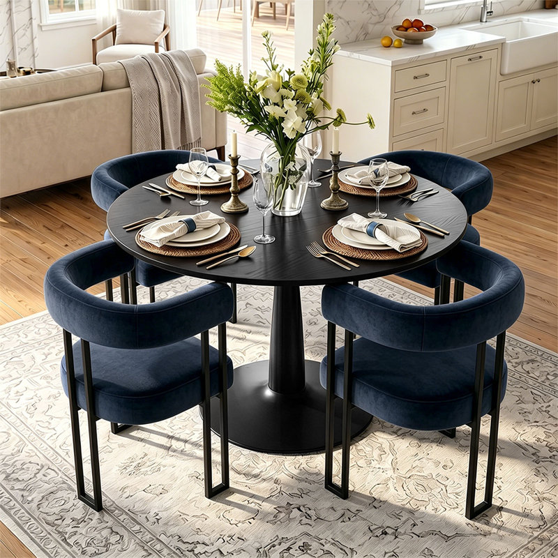 Ensemble de table de salle à manger pour 4 personnes avec table ronde et 4 chaises rembourrées en velours, Blue