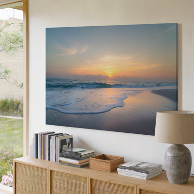 Coucher de soleil sur les vagues de l'océan sur la plage de sable paisible, impression d'art mural sur toile pour le salon, la chambre à coucher, le bureau, le couloir, le vestibule, le mur de la galerie et la décoration intérieure moderne