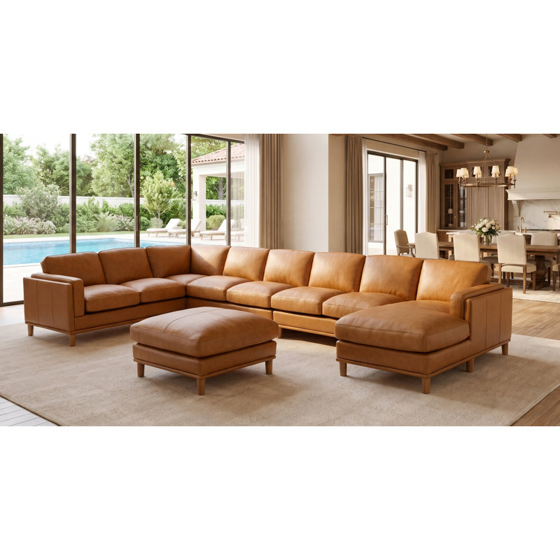 Jaxton Upholstered U-Shaped Sectional, Ginger Leather Match, 34" H x 174" W x 96" D