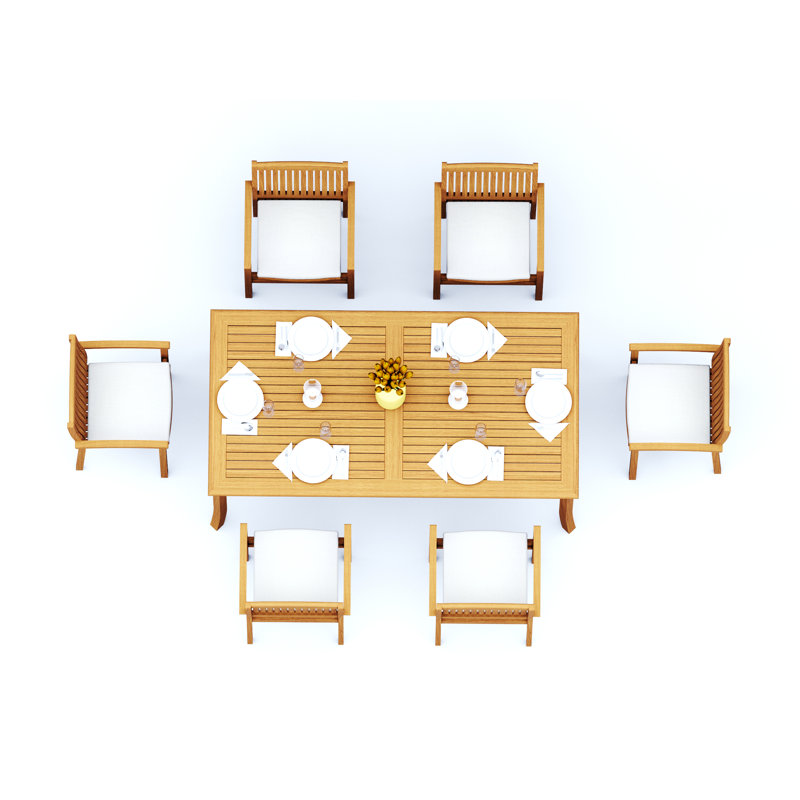 Wave Teak Wood Patio Dining Set with, 30" H x 83" W x 40" D, 6