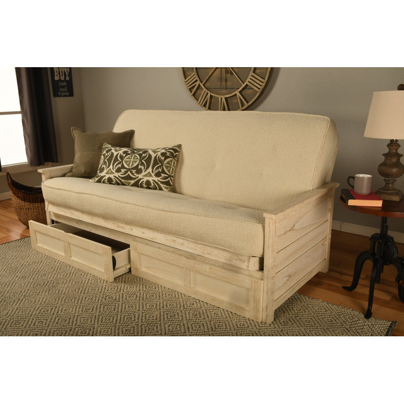 Futon double avec matelas avec rangement Emmiliano, 100% polyester crème cantonnée, Blanc patiné