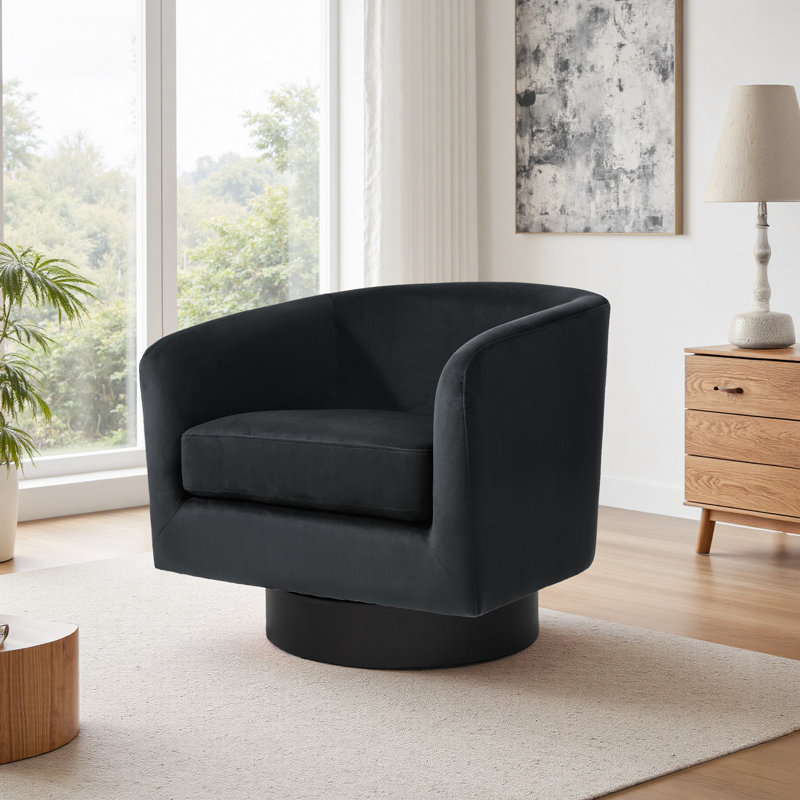 Velvet Upholstered Swivel Barrel Chair, Black