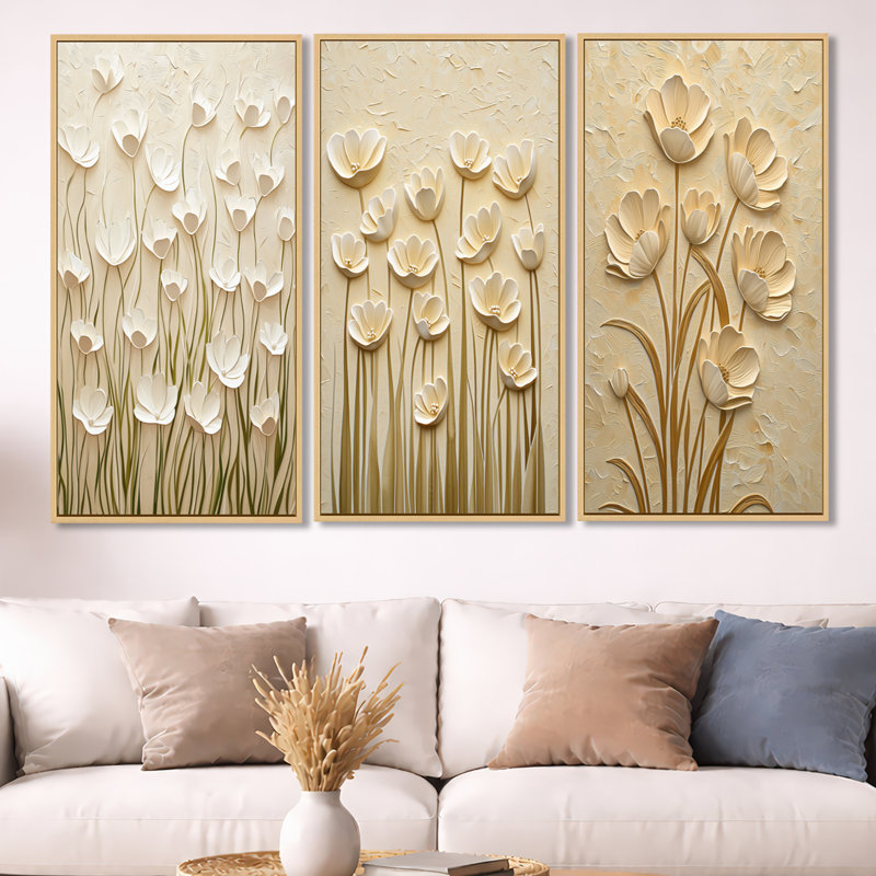 «Minimal Cream Buttercup Field» - ensemble d'art mural sur toile encadré Buttercups, Natural Wood Floater Framed